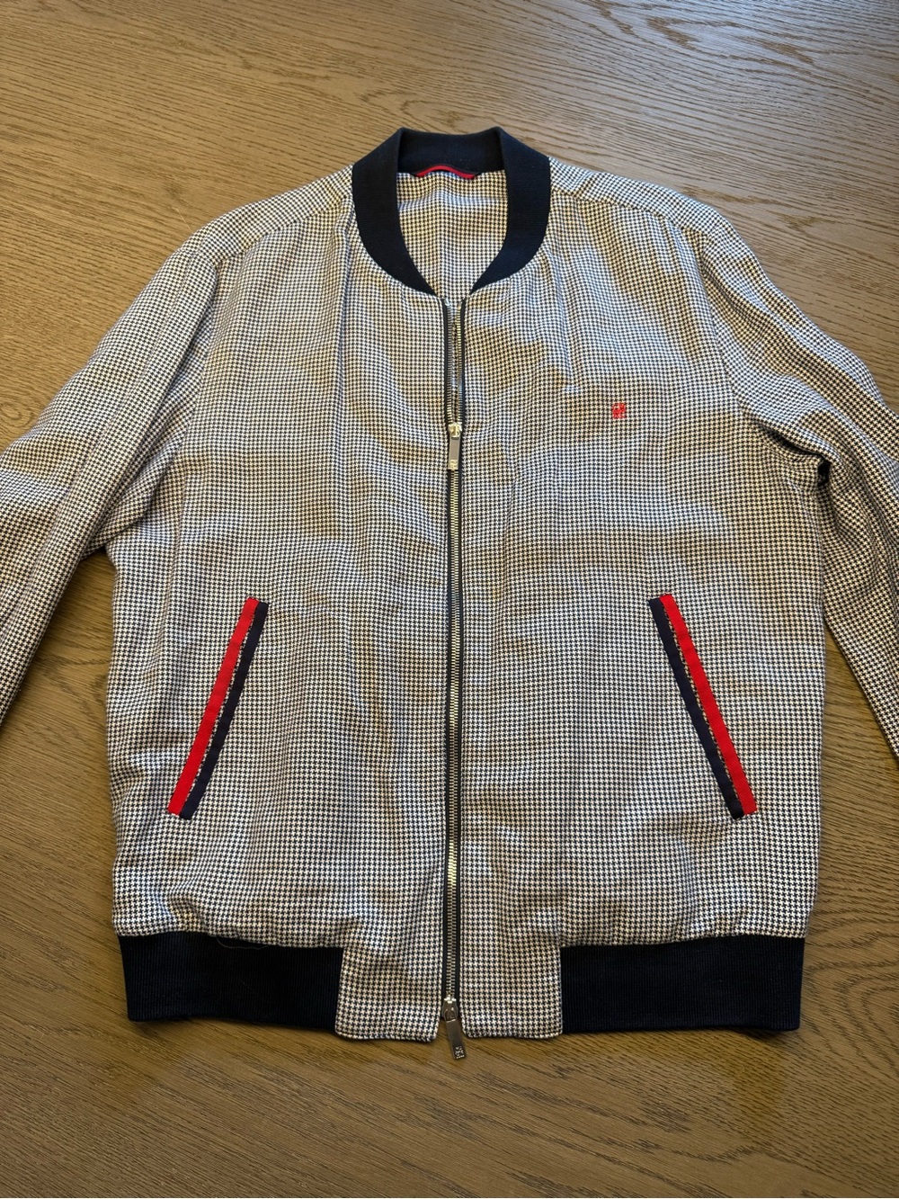 Men's Navy & White Houndstooth Bomber Jacket with Red Trim
